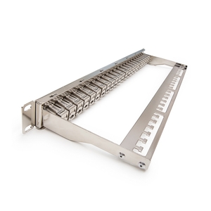 Keline, 10G patch panel MODULO 24xRJ45 HD Cat.6<sub>A</sub> ISO STP 1U černý - beznástrojový stříbrný