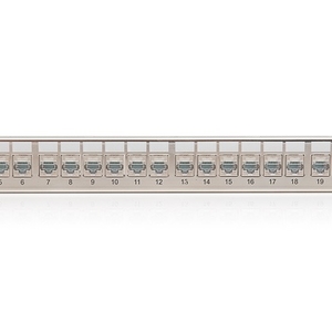 Keline, 10G patch panel MODULO 24xRJ45 HD Cat.6<sub>A</sub> ISO STP 1U černý - beznástrojový stříbrný