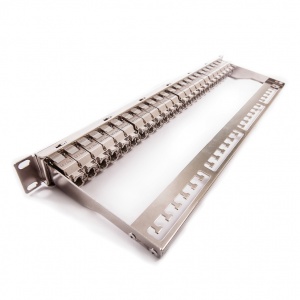 Keline, 10G patch panel MODULO 24xRJ45 Cat.6<sub>A</sub> ISO STP 1U černý - beznástrojový stříbrný