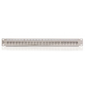 Keline, 10G patch panel MODULO 24xRJ45 Cat.6<sub>A</sub> ISO STP 1U černý - beznástrojový stříbrný